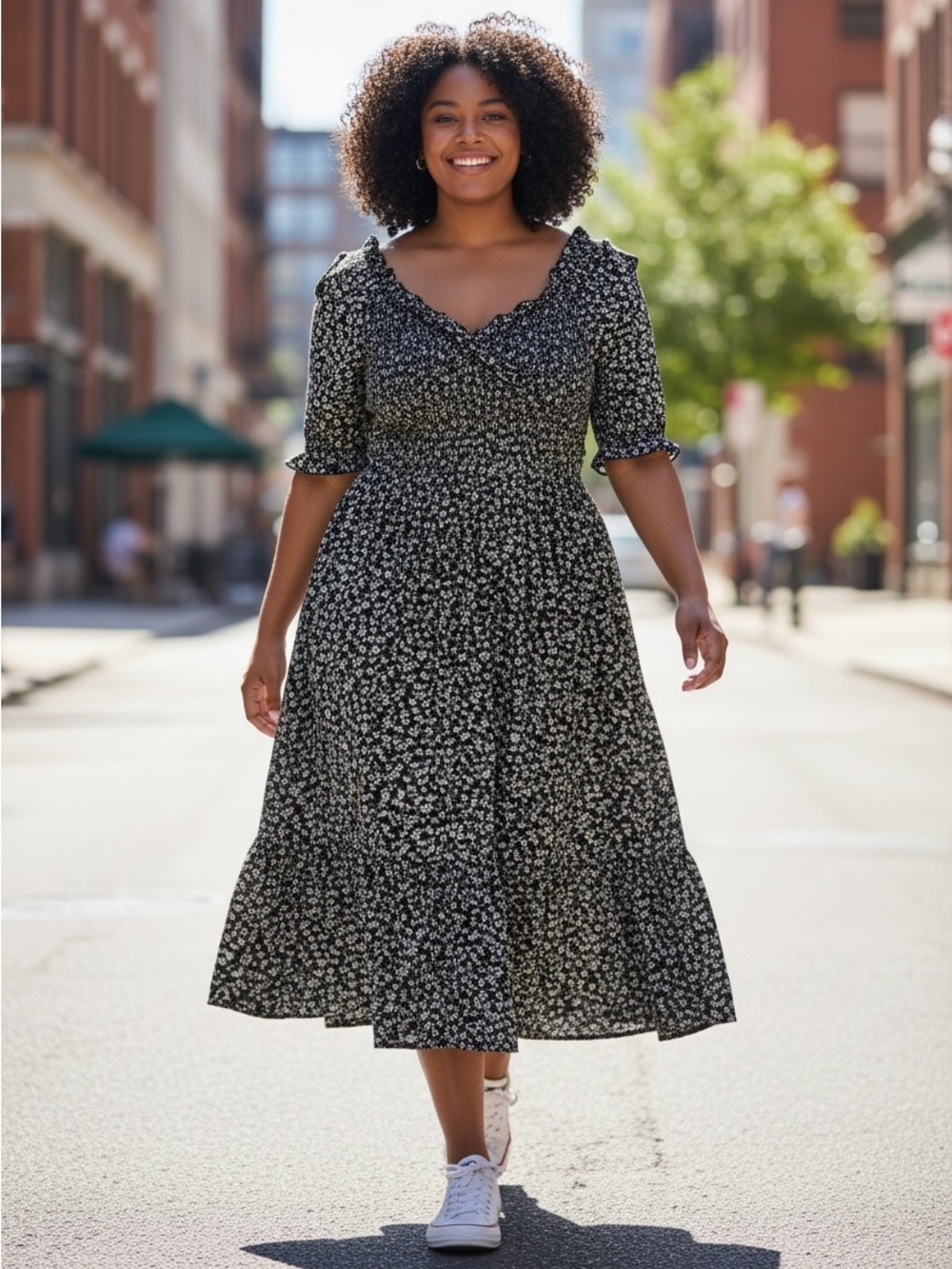 Orange Creek Navy Floral Midi Wrapped Smocked top Dress with ruffle hem NWT